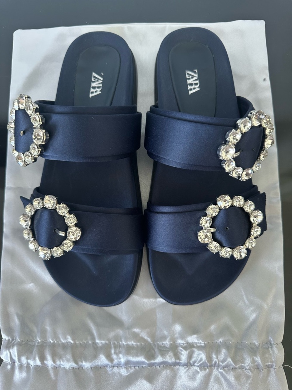 Zara Navy Satin Slide Sandals with Crystal Buckle Accents